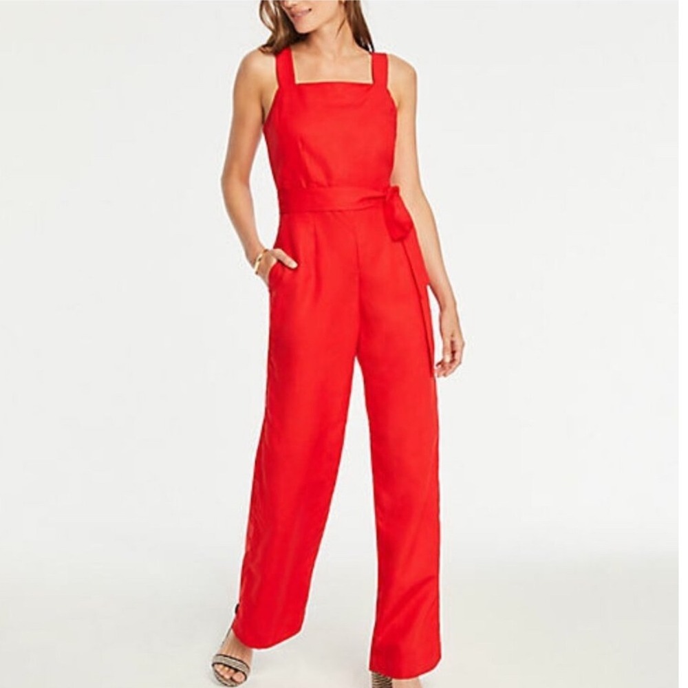 Ann Taylor Red Linen Blend square neck Tie Waist Jumpsuit Wide Leg Size 10